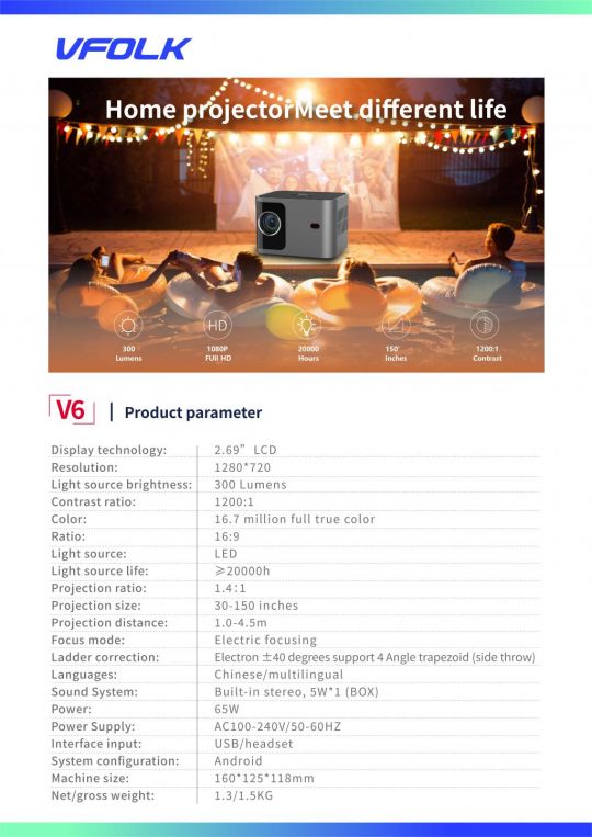 Projetor VFOLK V6 300 Lumens 