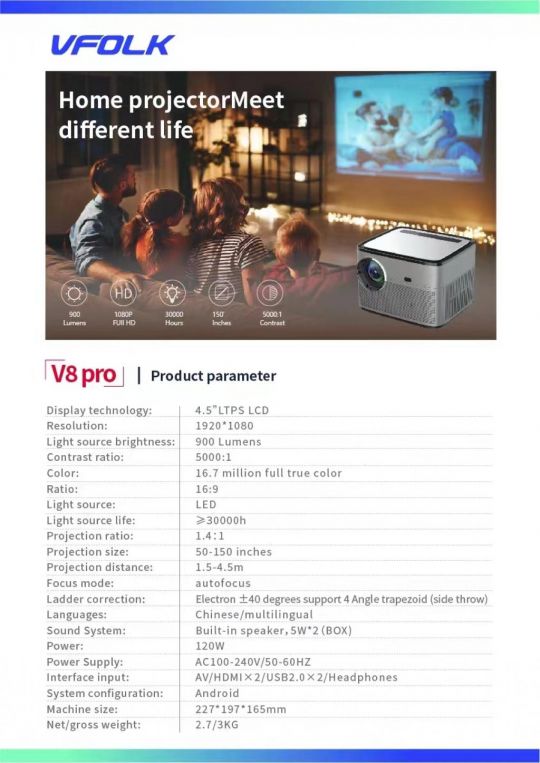 Projetor VFOLK V8 PRO 900 Lumens Autofocus